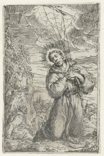 Stigmatisatie van heilige Franciscus by Jonas Umbach, print, 1634-1693