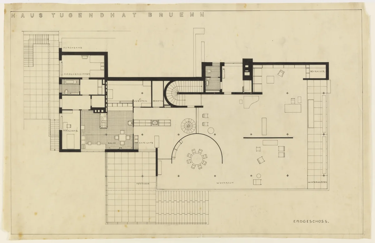 Tugendhat House, Brno, Czech Republic, Ground floor plan by Ludwig Mies van der Rohe, mies van der rohe archive, 1928