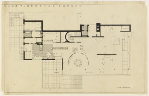 Tugendhat House, Brno, Czech Republic, Ground floor plan by Ludwig Mies van der Rohe, mies van der rohe archive, 1928