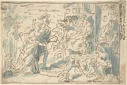 Compositional Sketch for The Request for Admission into the Union, a Painting in the Town Hall of 's-Hertogenbosch. The Province of Brabant requests the same status as the seven provinces of the Dutch Republic by Theodoor van Thulden, drawing, 1645