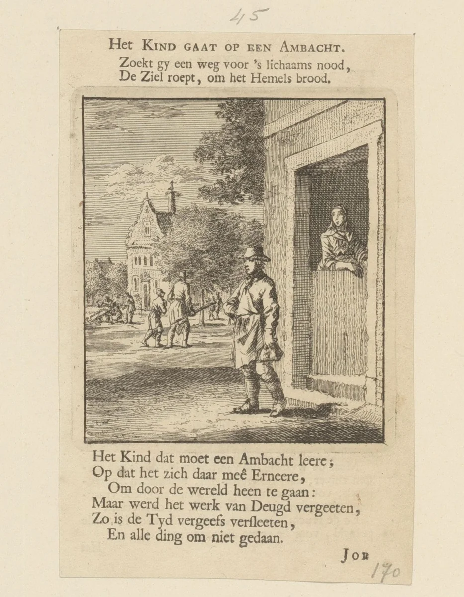 Kind op weg om een ambacht te leren by Jan Luyken, print, 1712