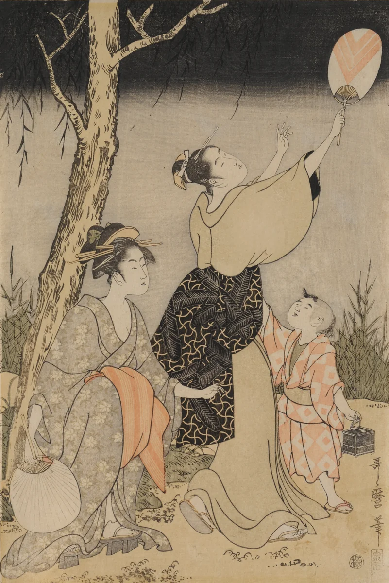 Catching Fireflies Beneath a Willow Tree (left) by Kitagawa Utamaro (喜多川歌麿), print, 1796-1797