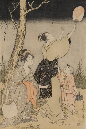 Catching Fireflies Beneath a Willow Tree (left) by Kitagawa Utamaro (喜多川歌麿), print, 1796-1797