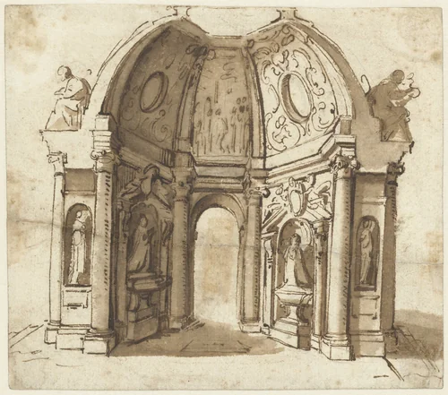 Ontwerp voor grafkapel met aan weerszijden een tombe by Unknown, drawing, 1590-1640