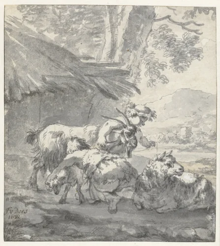 Landscape with Two Children Playing with a Goat, a Lamb and a Sheep by Simon van der Does, drawing, 1682