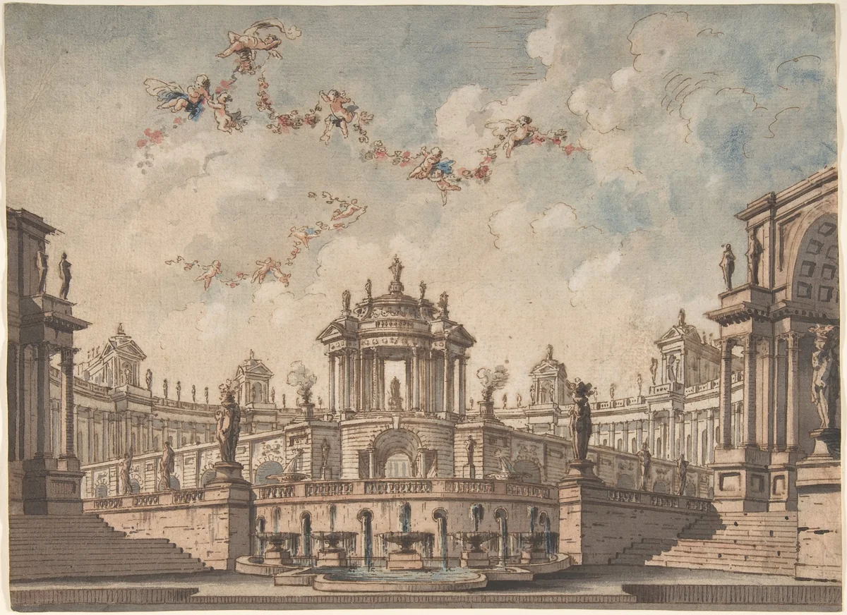 Design for a Stage Set: Semi-Circular Colonnaded Building, a Bridge Surmounted by a Tempietto, a Fountain in the Foreground and Putti Bearing Garlands. by Antonio Basoli, drawing, 1774-1843