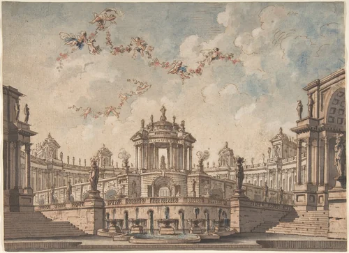 Design for a Stage Set: Semi-Circular Colonnaded Building, a Bridge Surmounted by a Tempietto, a Fountain in the Foreground and Putti Bearing Garlands. by Antonio Basoli, drawing, 1774-1843