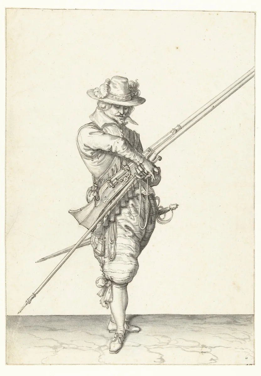 Soldaat met een musket die zijn lont pakt by Jacques de Gheyn, drawing, 1596-1606