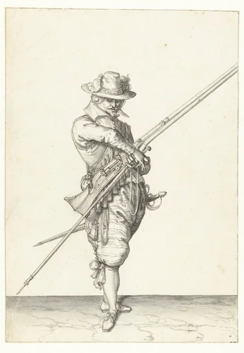 Soldaat met een musket die zijn lont pakt by Jacques de Gheyn, drawing, 1596-1606