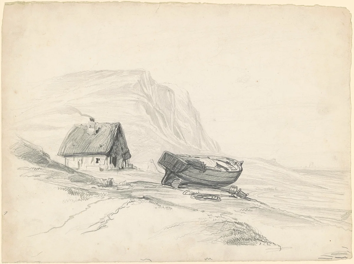 House and Boat at the Shore by Seth Wells Cheney, drawing, 1835-1840