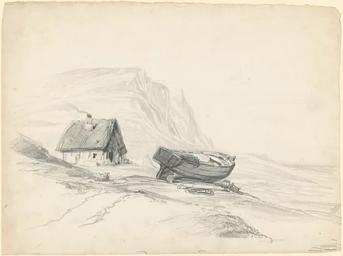 House and Boat at the Shore by Seth Wells Cheney, drawing, 1835-1840