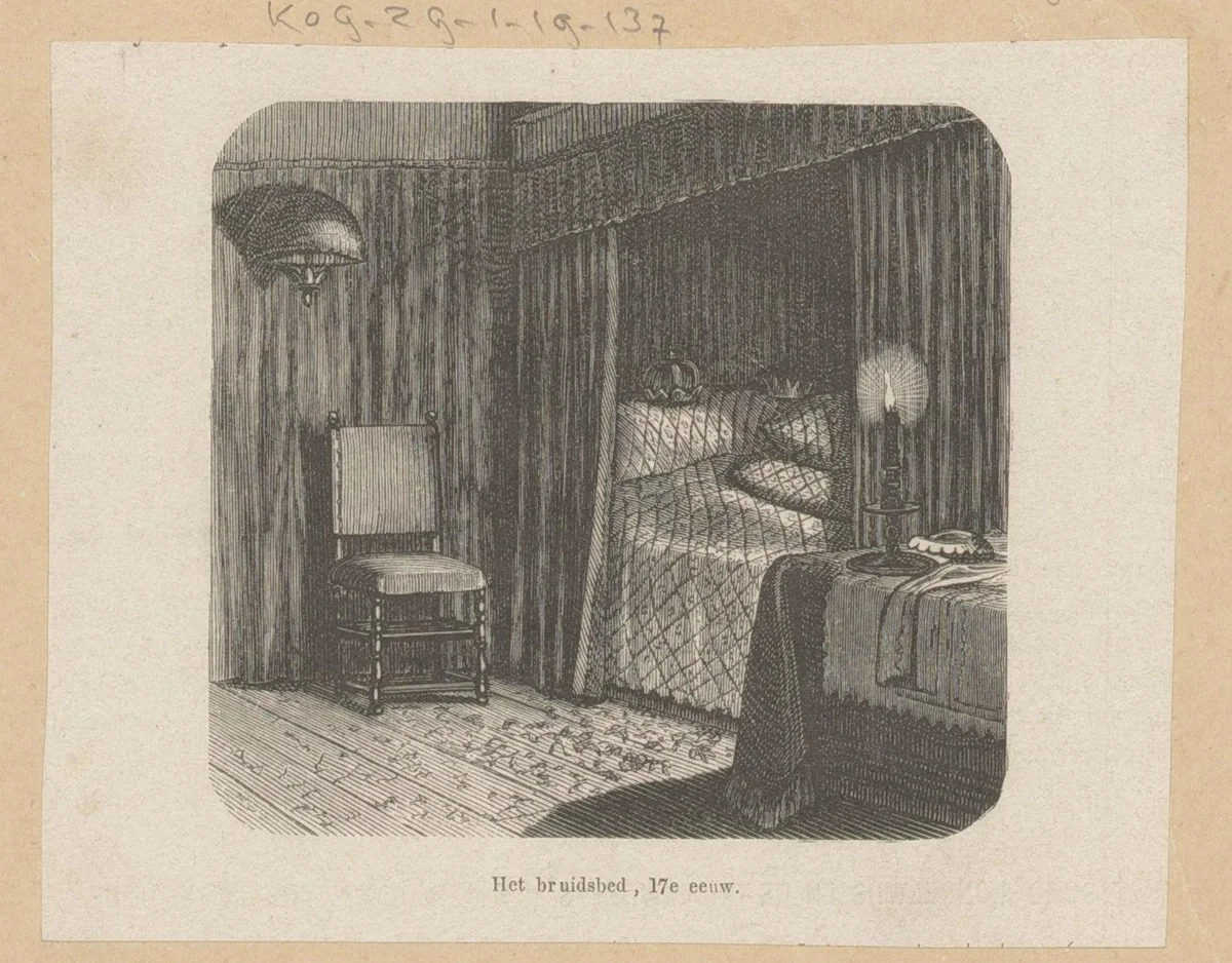 Het bruidsbed, 17e eeuw by anonymous, print, 1850-1899