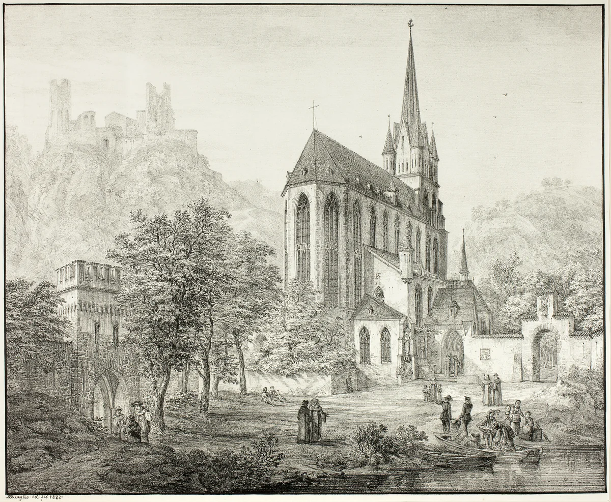 Collegiate Church of Our Lady, with Castle Schoenberg at Oberwesel on the Rhine by Domenico Quaglio, print, 1822