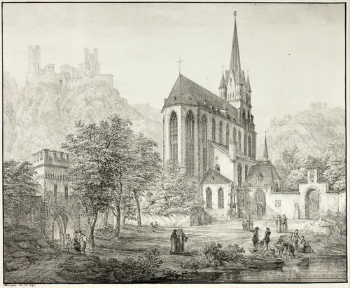 Collegiate Church of Our Lady, with Castle Schoenberg at Oberwesel on the Rhine by Domenico Quaglio, print, 1822