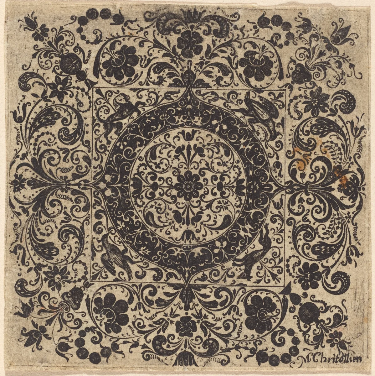 Goldsmith's Ornament in Square by M. Christollien, print, 1580-1699
