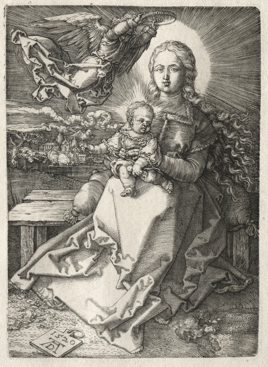 Virgin Crowned by an Angel by Albrecht Dürer, print, 1520