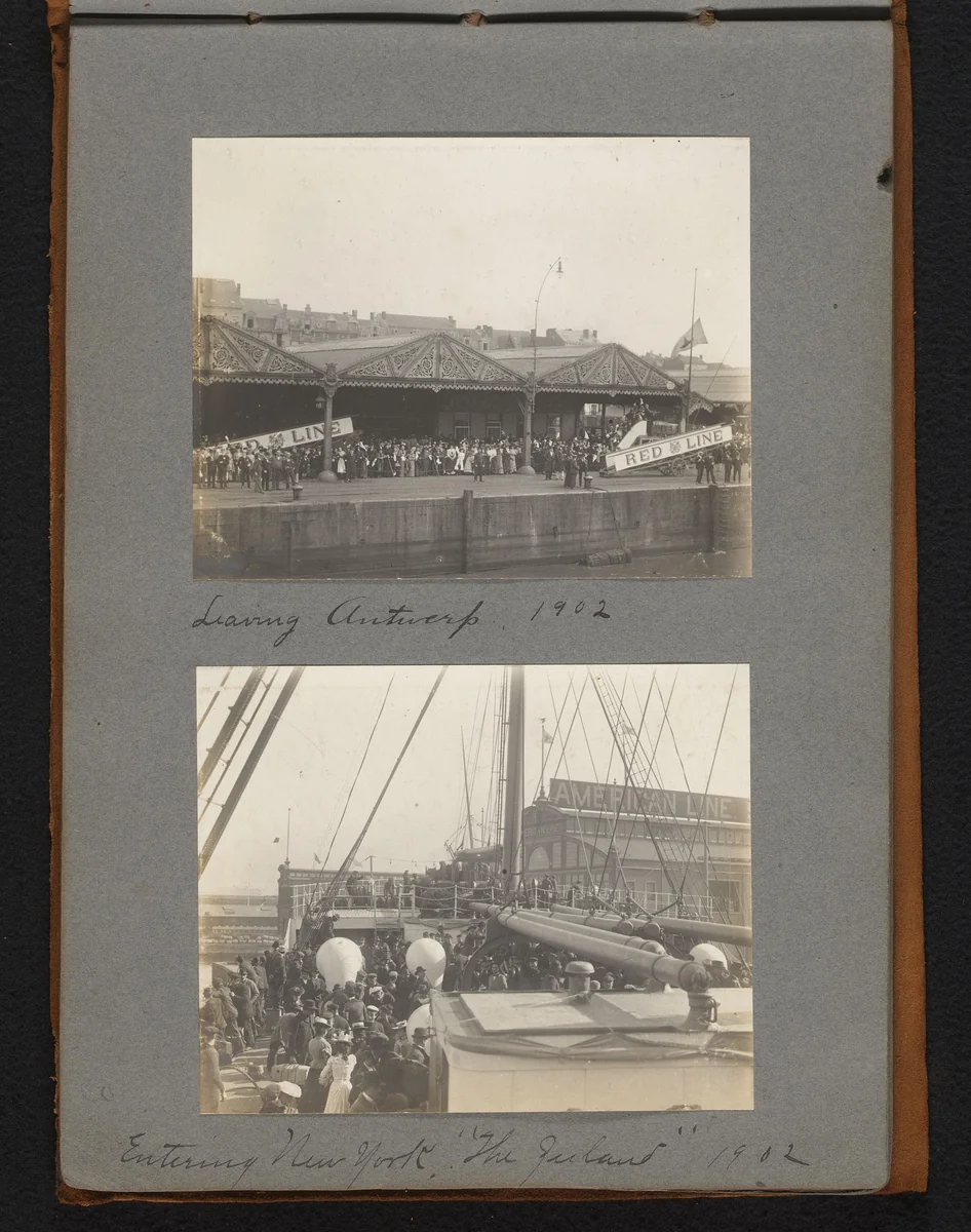 Vertrek uit Antwerpen met Red Star Line en aankomst in New York, gezien vanaf stoomschip "The Zeeland" by Jan van der Mey, book, 1902