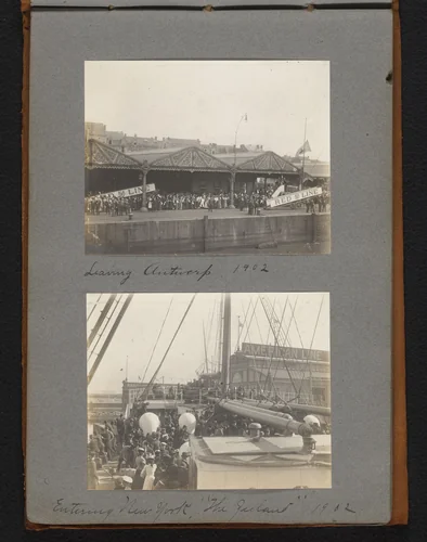 Vertrek uit Antwerpen met Red Star Line en aankomst in New York, gezien vanaf stoomschip "The Zeeland" by Jan van der Mey, book, 1902