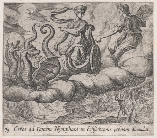 Plate 79: Ceres Ordering Erysichthon's Punishment (Ceres ad Famem Mypham in Erisichtonis paenam amandat), from Ovid's 'Metamorphoses' by Antonio Tempesta, print, 1606