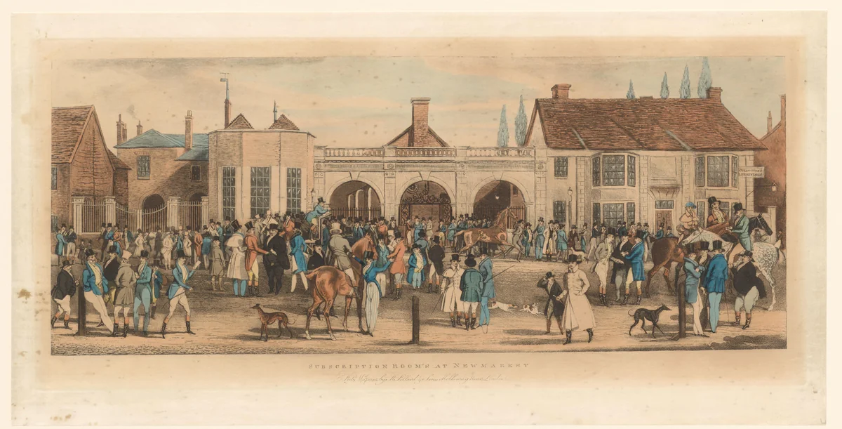 Gezicht op The Subscription Rooms te Newmarket by Robert Pollard, print, 1825