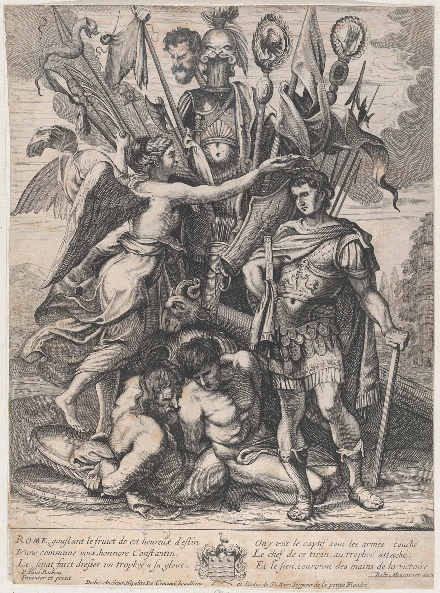 The Trophy of Constantine, with Victory at left crowning the emperor with a laurel, behind them a bounty of arms, armor, prisoners, and Maxentius' head on a stick by anonymous, print, 1645-1673