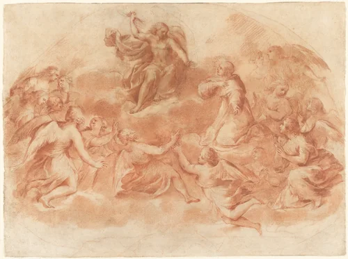 Christ in Glory with Angels and a Saint Kneeling in Adoration by Francesco Allegrini, drawing, 1645-1665