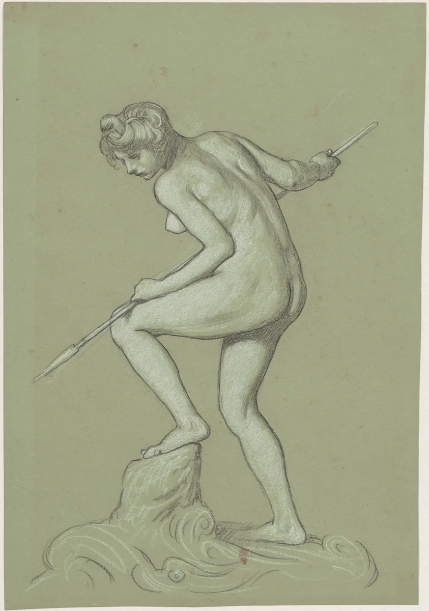 Girl Spearing Dolphin by Elihu Vedder, drawing, 1895-1905