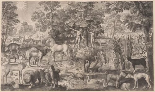 Adam and Eve in Paradise by Nicolaes de Bruyn, print, 1631
