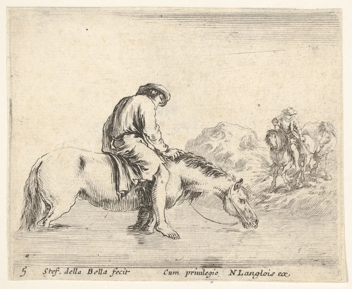 Plate 5: a barefoot peasant on horseback crossing a river, another peasant on horseback and leading a horse on a bank to right in the background, from "Diversi Capricci" by Stefano della Bella, print, 1644-1647