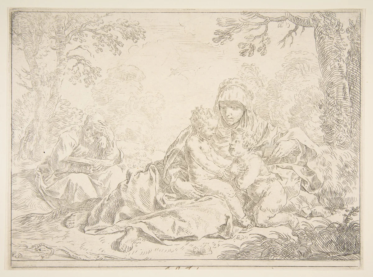 Holy Family with Saint John the Baptist by Simone Cantarini, print, 1632-1645