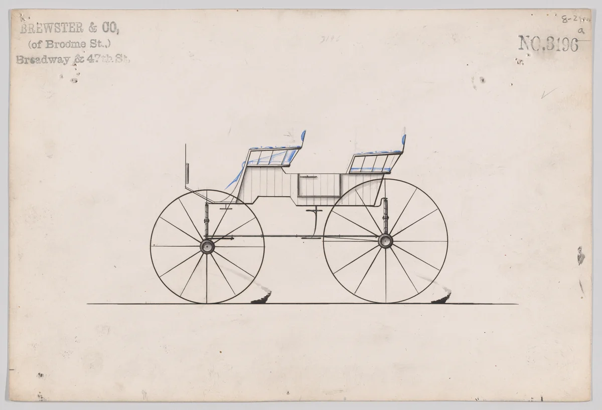 Design for 4 seat Phaeton, no top, no. 3196a by Brewster & Co., drawing, 1876