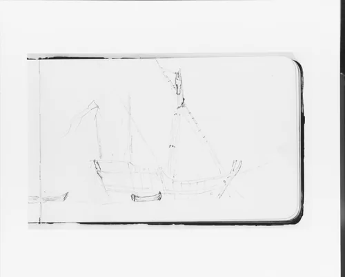 Sketch of a Ship at Anchor for The Landing of Columbus (from Sketchbook) by Albert Bierstadt, artwork, 1891