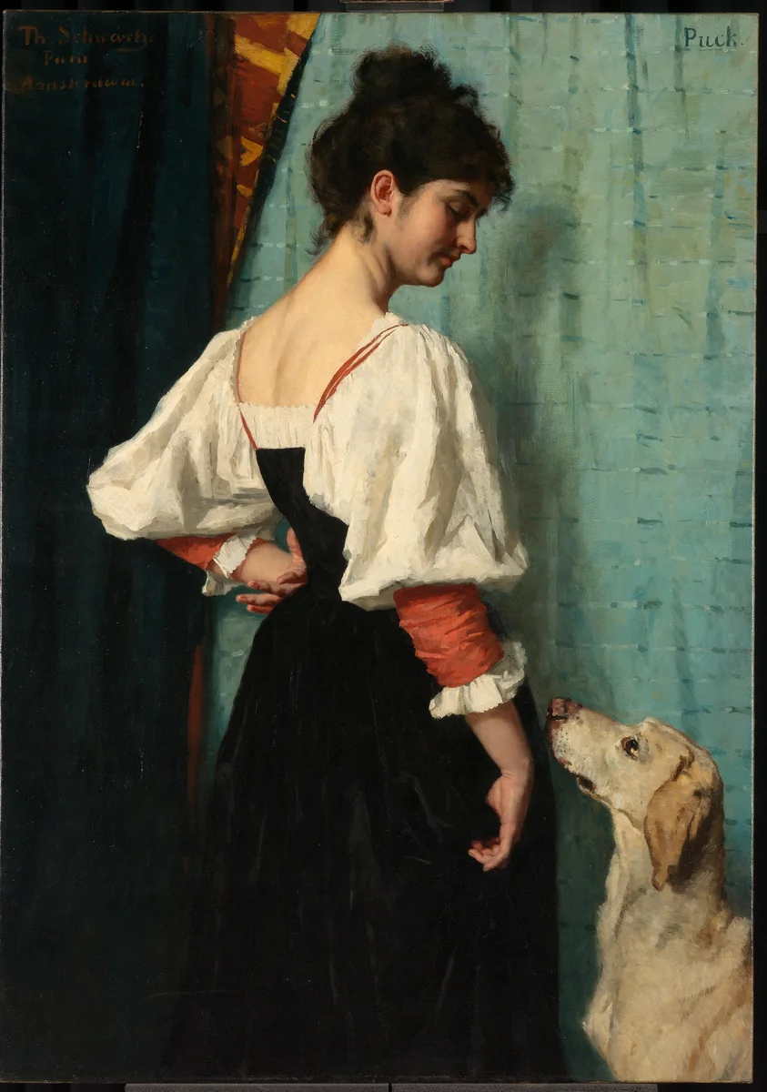 Jonge Italiaanse vrouw met hond Puck by Thérèse Schwartze, painting, 1885-1886
