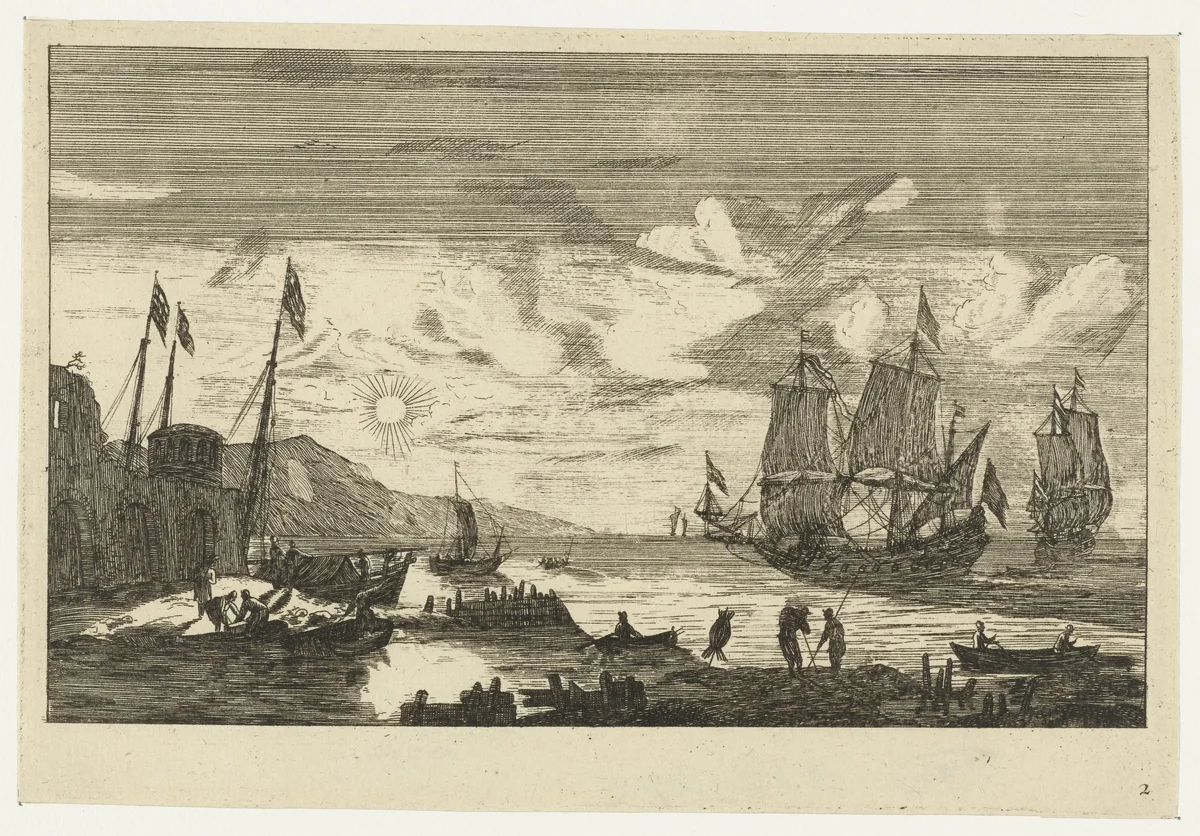 Haven met twee grote zeilschepen by anonymous, print, 1656-1714