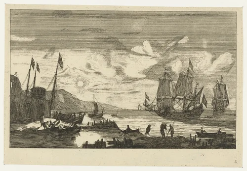 Haven met twee grote zeilschepen by anonymous, print, 1656-1714