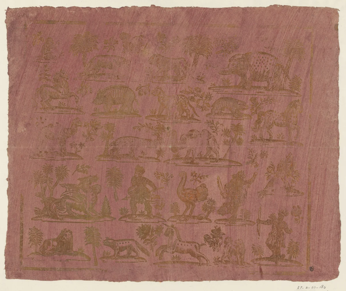 Blad met dieren en stereotiepe indianen in vijf rijen by anonymous, other, 1760-1820