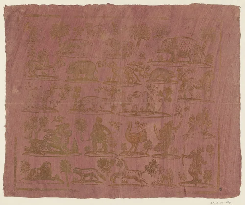 Blad met dieren en stereotiepe indianen in vijf rijen by anonymous, other, 1760-1820