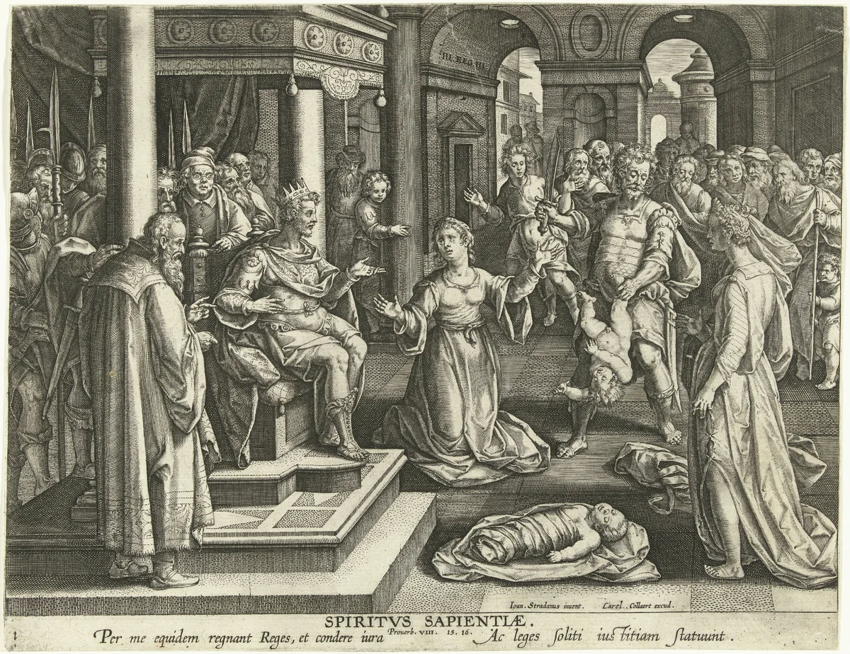 Oordeel van Salomo: de gave van wijsheid by Adriaen Collaert, print, 1593-1597