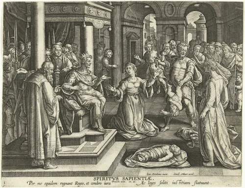 Oordeel van Salomo: de gave van wijsheid by Adriaen Collaert, print, 1593-1597
