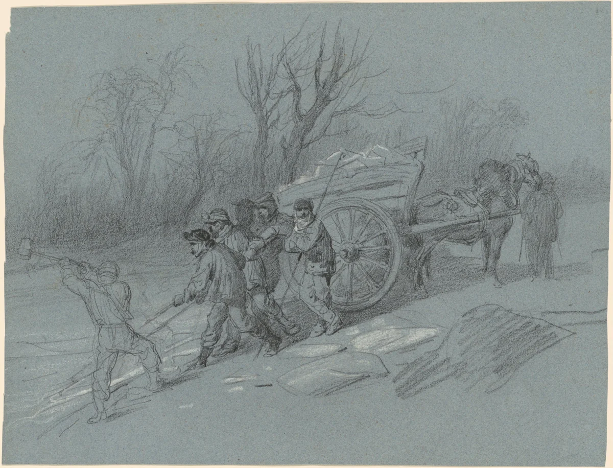 Workmen Gathering Ice at the Water's Edge by Hippolyte Lalaisse, drawing, 1845-1855