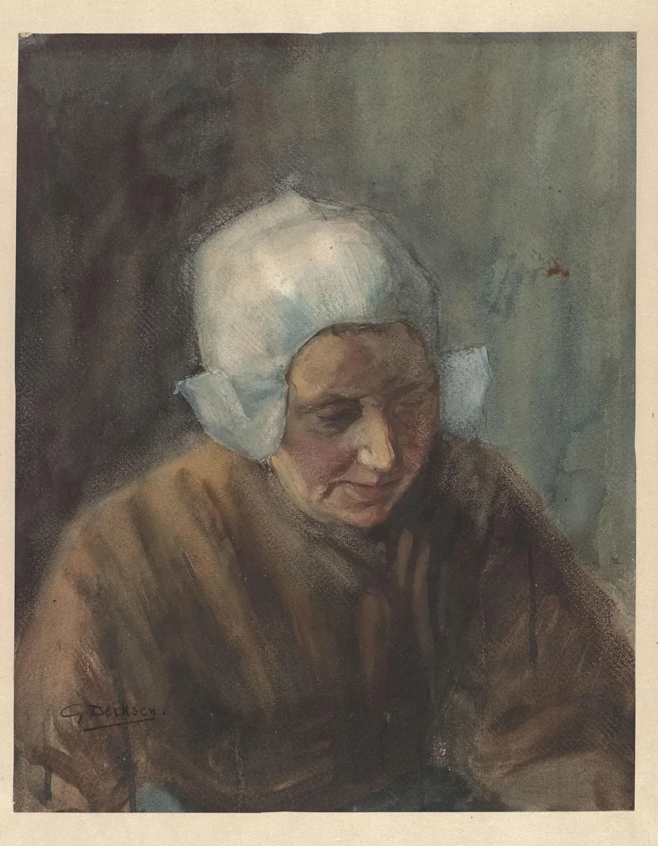 Vrouw met witte muts by Gijsbertus Derksen, drawing, 1880-1920