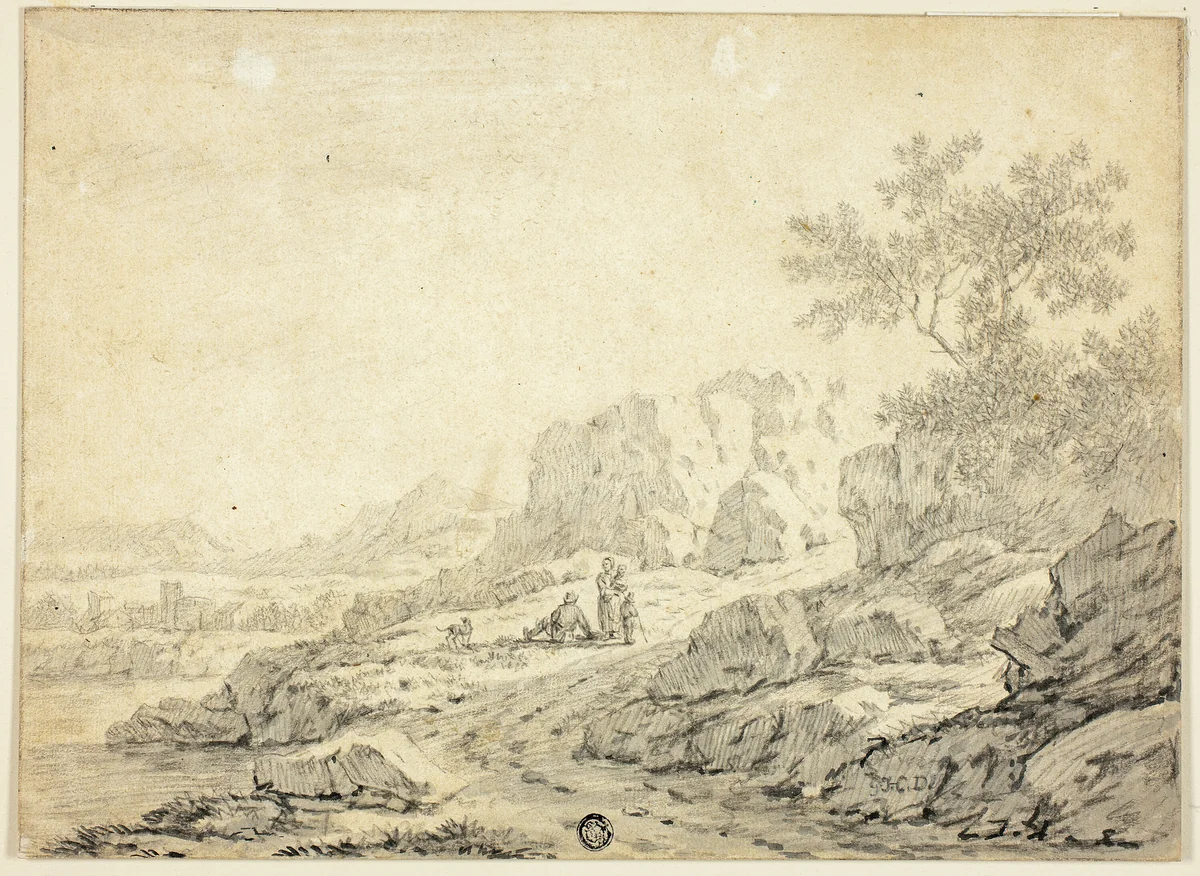 Rocky Landscape with Figures and Dog on Path by Georg Friedrich Dietzsch, drawing, 1644-1755