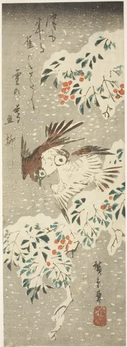 Sparrows Flitting about Snow-covered Nandina as More Snow Falls by Utagawa Hiroshige (歌川広重), print, 1835-1845