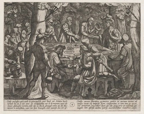 Plate 4: Civilis tells the Dutch Elders that They are Being Treated Like Slaves by the Romans, from The War of the Romans Against the Batavians (Romanorvm et Batavorvm societas) by Antonio Tempesta, print, 1611-1612