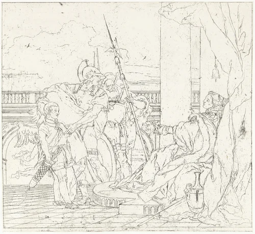 Amor vermomd als Aeneas zoon Ascanius wordt aan Dido voorgesteld tijdens feestmaal by Giovanni Domenico Tiepolo, print, 1757-1760