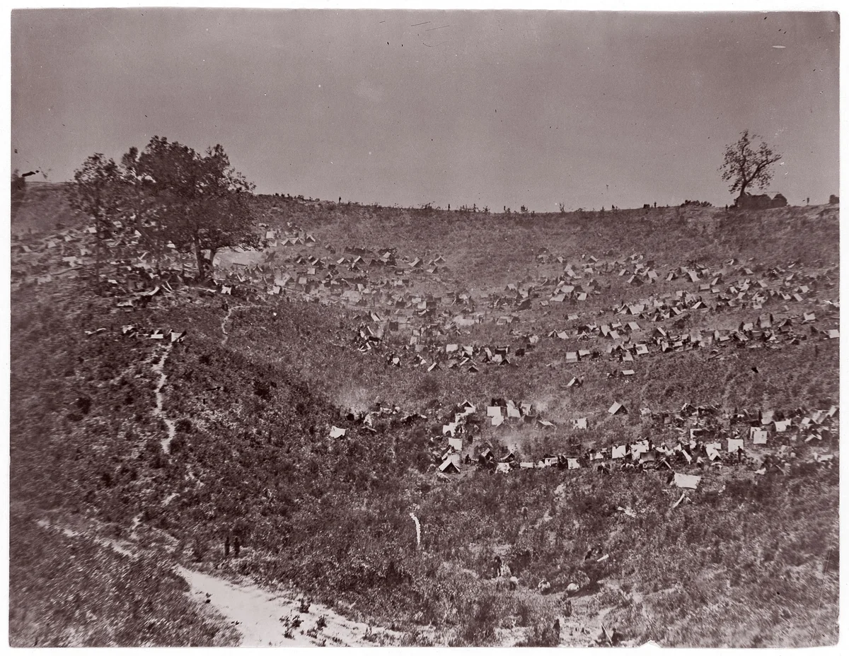 [Camp of Confederate Prisoners at Belle Plain Landing, Virginia, Captured with Johnson's Division] by Timothy O'Sullivan, photograph, 1864