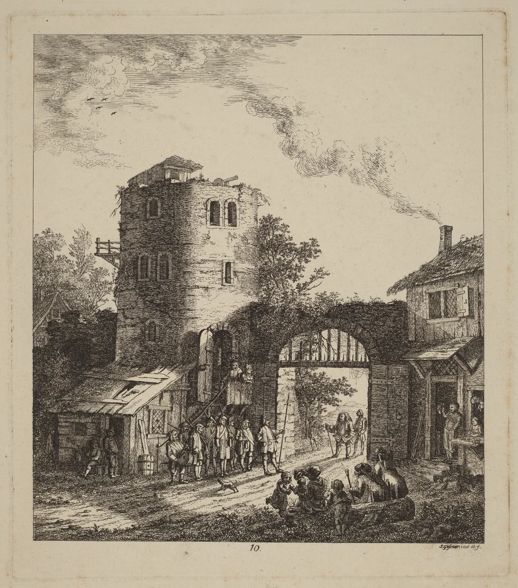 Villagers at a City Gate Greeting a Dignitary by Salomon Gessner, print, 1764