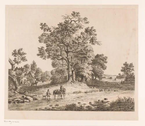 Landschap langs de Samber, een ruiter met twee paarden in het water naast een man met een hond by Jean Théodore Joseph Linnig, print, 1856