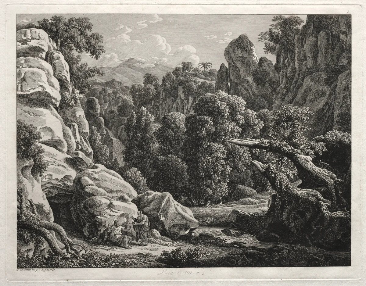 Heroic Landscape: Landscape with the Temptation of Christ by Johann Christian Reinhart, print, 1799