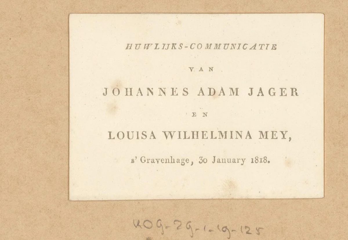 Huwelijks-communicatie van Johannes Adam Jager en Louisa Wilhelmina Mey, s' Gravenhage, 30 January 1818 by anonymous, other, 1818